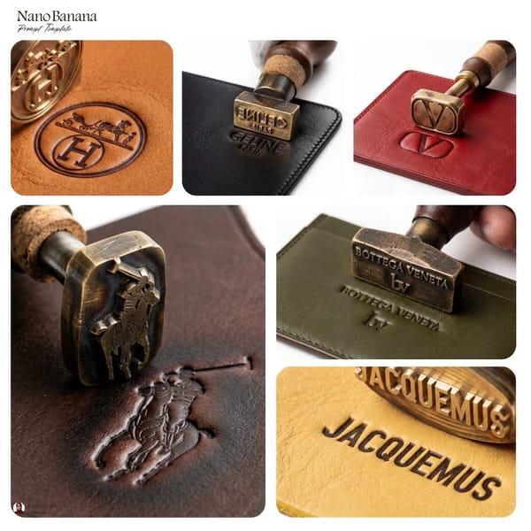 Create an ultra-detailed hyper-realistic macro product photograph of a heated brass branding stamp… prompt example
