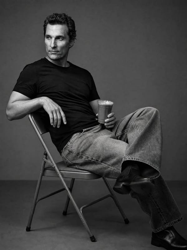 Create a black and white studio image of the person in the uploaded image, sitting casually on…
