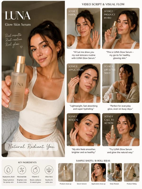 (Luxury AI UGC skincare campaign board), warm beige aesthetic, beautiful female influencer with…