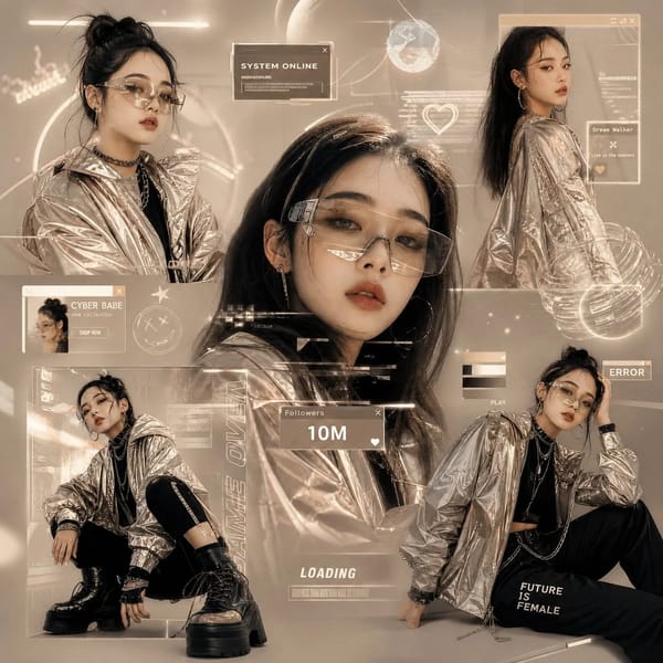 Create a futuristic Gen-Z fashion collage inspired by digital influencers and Korean street fashion… prompt example