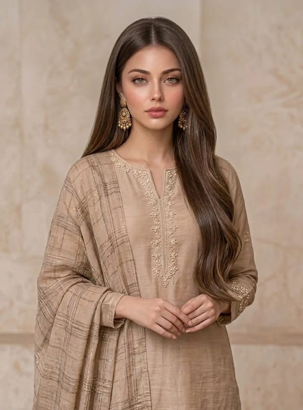 A professional fashion portrait of a beautiful young South Asian woman. She has long, voluminou…