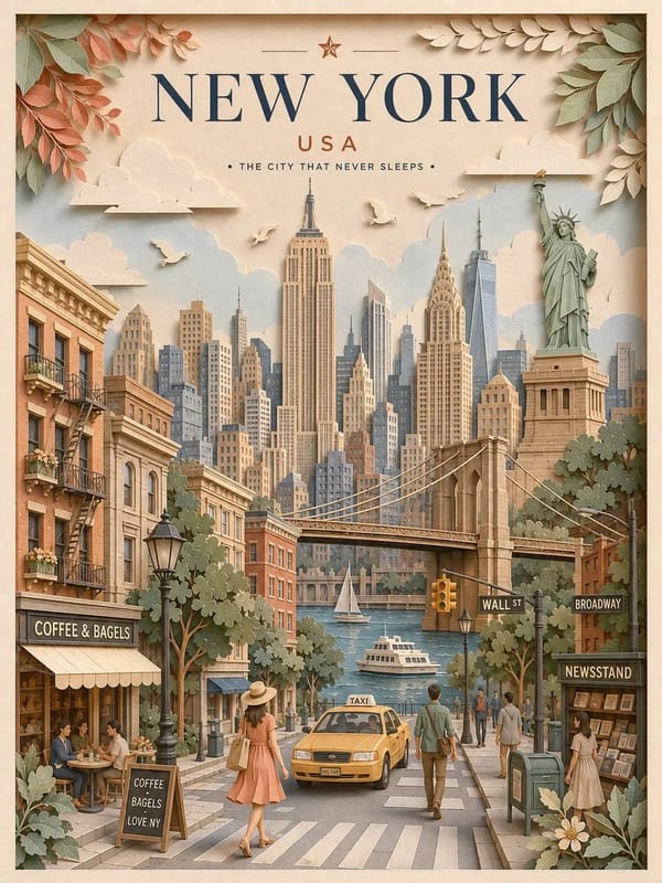 Create a highly detailed vertical travel poster in an elegant 3D layered paper-cut / papercraft dio… prompt example