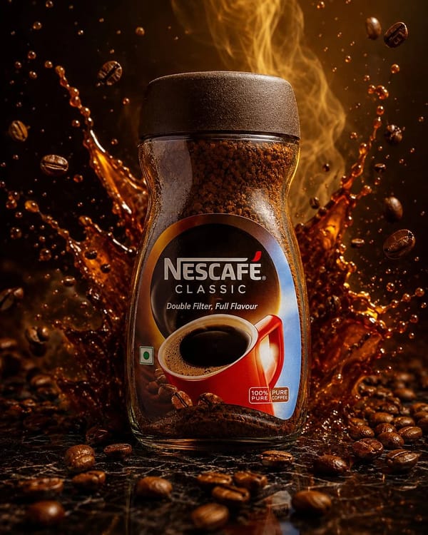 Ultra premium Nescafé coffee jar standing on a polished black marble platform, surrounded by swirli… prompt example