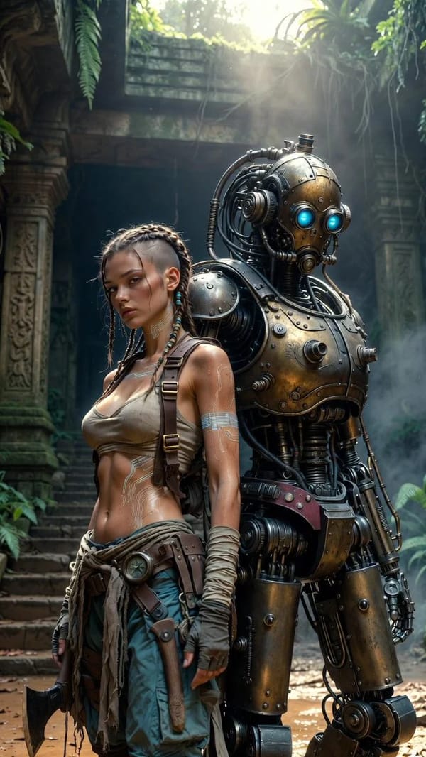 Ultra-photorealistic cinematic sci-fi still. A female adventurer with subtle cybernetic overlay sta… prompt example