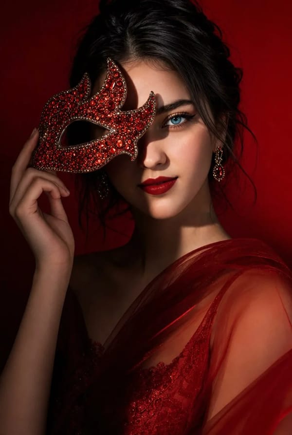 Editorial beauty portrait of a young woman holding a crystal-encrusted red rhinestone masquerad…