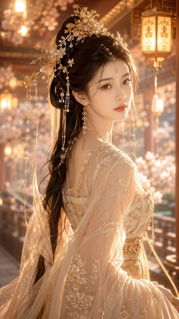 9:16竖版，古风仙侠精修写真，高精度东方幻想女性人像，唐风幻想审美，古偶女主感，画面主体是一位明确成年的年轻东方女性，视觉年龄约22–26岁，气质温柔、贵气、安静、含蓄、清雅，有强烈女主感…