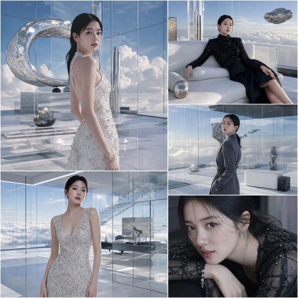 A luxury fashion collage featuring a stylish Korean female celebrity inside a fully transparent…