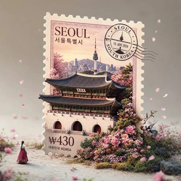 A hyper-realistic macro photography shot of a giant, freestanding vintage postage stamp from [COUNT… prompt example