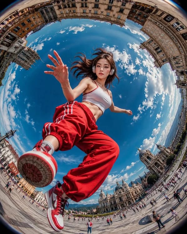 Ultra-realistic action photography, extreme fisheye lens (8mm), worm’s-eye view from ground level,… prompt example