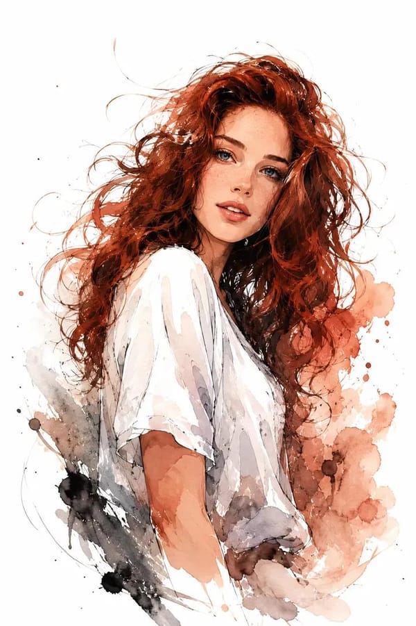 Portrait of a young woman with long messy curly red hair, wearing loose white t-shirt, looking over… prompt example