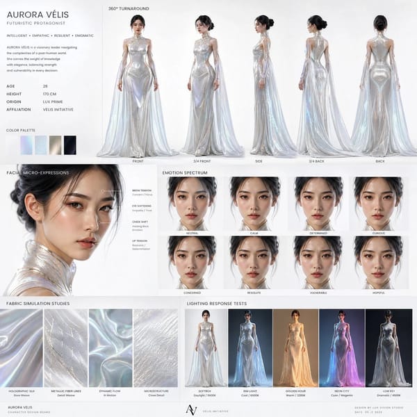 Create a high-end cinematic character design board of a futuristic female protagonist for a pre…