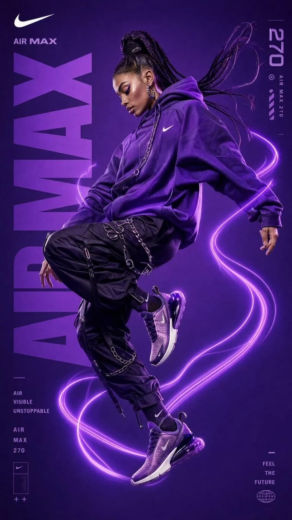 Ultra-premium Nike fashion advertising campaign, full-body female streetwear model floating in…