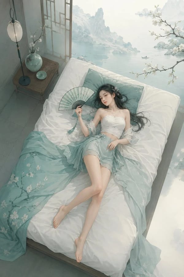 极简东方禅意半写实插画，主体为[主体]，青绿颜色体系，较强饱和对比，画面空灵静谧，大面积留白，带轻雾感、静止空气感和朦胧远景层次，可结合极简空间、湖面、远山、器物、枝条等东方意象。柔和漫射光，边缘干… prompt example