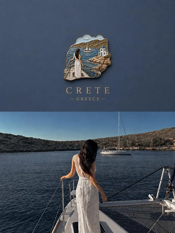 Create a premium travel poster featuring a miniature 3D souvenir badge floating on a clean matte ba… prompt example