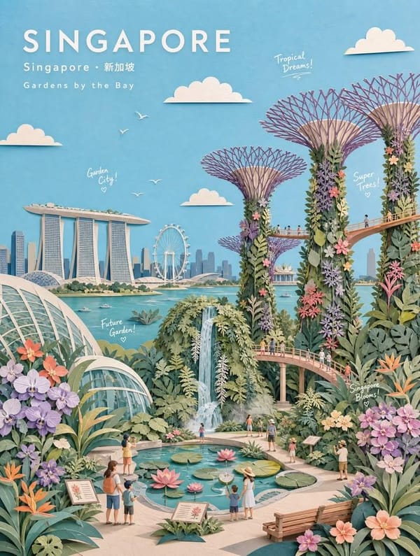 PASTEL PAPER-COLLAGE BOTANICAL GARDEN TRAVEL POSTER prompt example