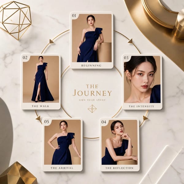 Top-down futuristic editorial composition featuring a circular arrangement of photo cards formi…