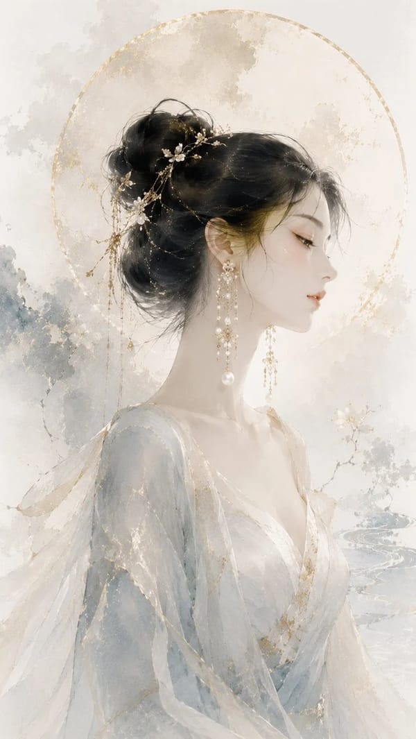 请生成一张 9:16 竖版、原创高级东方珠宝视觉海报。整体风格为东方水墨时装插画，结合高级珠宝 Campaign、轻奢品牌主视觉、细腻金线描绘、水墨留白、宣纸质感与现代东方审美。 promp…