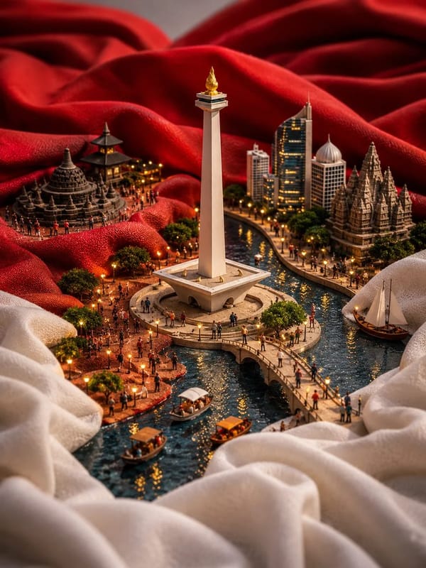Ultra-detailed miniature diorama of China built into the folds of a giant flowing Chinese flag,…