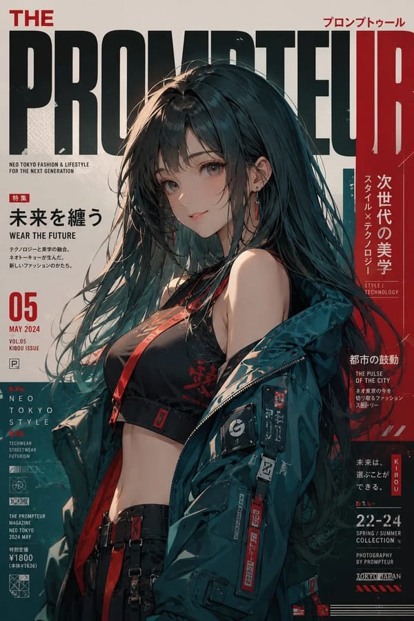 Ultra-premium Neo Tokyo fashion magazine cover, editorial anime realism, 8K, 2:3 vertical. prompt example