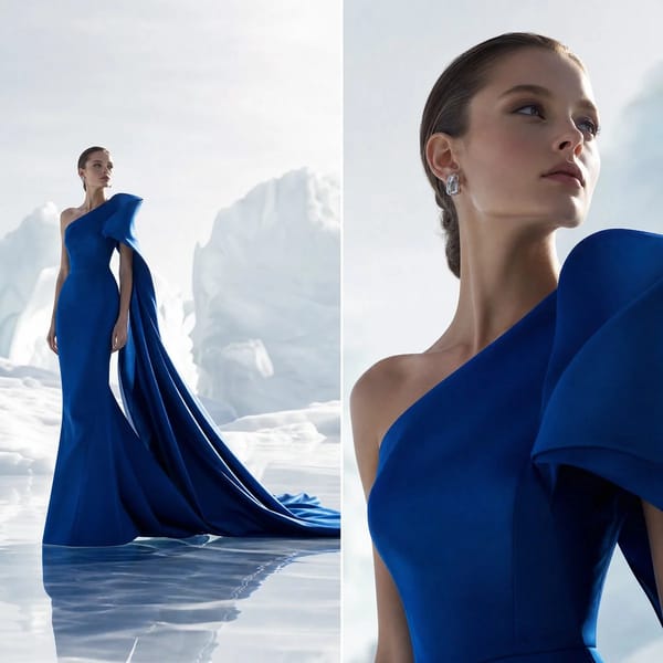 Two-panel fashion editorial split with contrasting camera perspectives left panel wide-angle full-b… prompt example