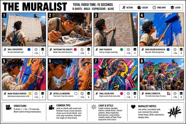 Create a crisp, clean infographic storyboard poster for THE MURALIST. Wide 16:9 layout, white backg… prompt example