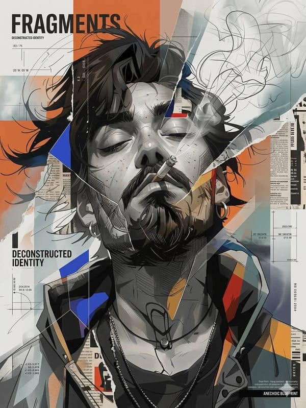 Ultra-detailed futuristic editorial mixed-media portrait blending hyper-realistic digital colla…
