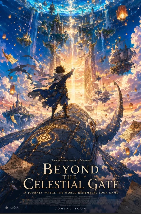 A breathtaking anime fantasy movie poster in portrait format. A young girl in a flowing ivory cloak… prompt example