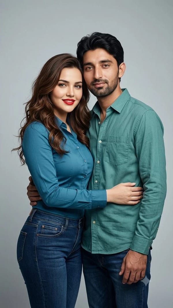 A stylish young couple posing together in a professional studio photoshoot, standing close and…