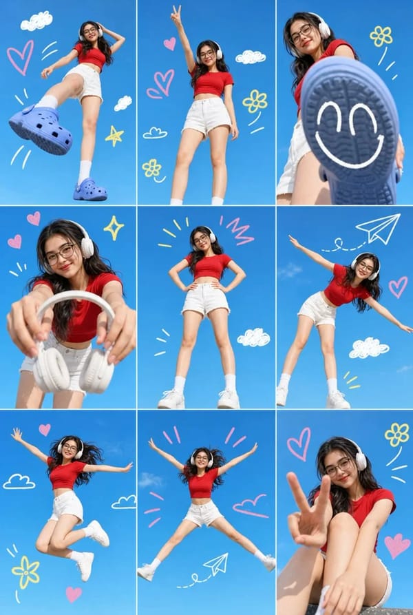 A 3x3 grid collage containing nine separate photos of a single young Asian woman From the uploaded… prompt example