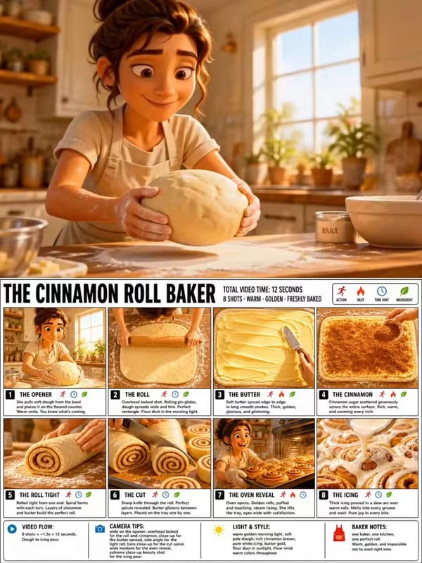 Create a crisp, clean infographic storyboard poster for THE CINNAMON ROLL BAKER. Wide 16:9 layout,… prompt example