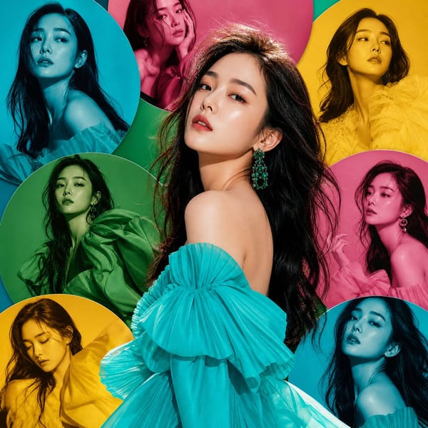 High-fashion vertical editorial artwork featuring an elegant Korean woman with flawless luminou…