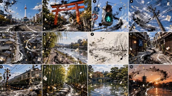 {{Image 1}} = 絵コンテの参照。 添付された絵コンテ画像{{Image 1}}を基に、15秒、横型16:9の高品質な動画を作成してください。 テーマは「墨絵と実写が混ざる京都」。…