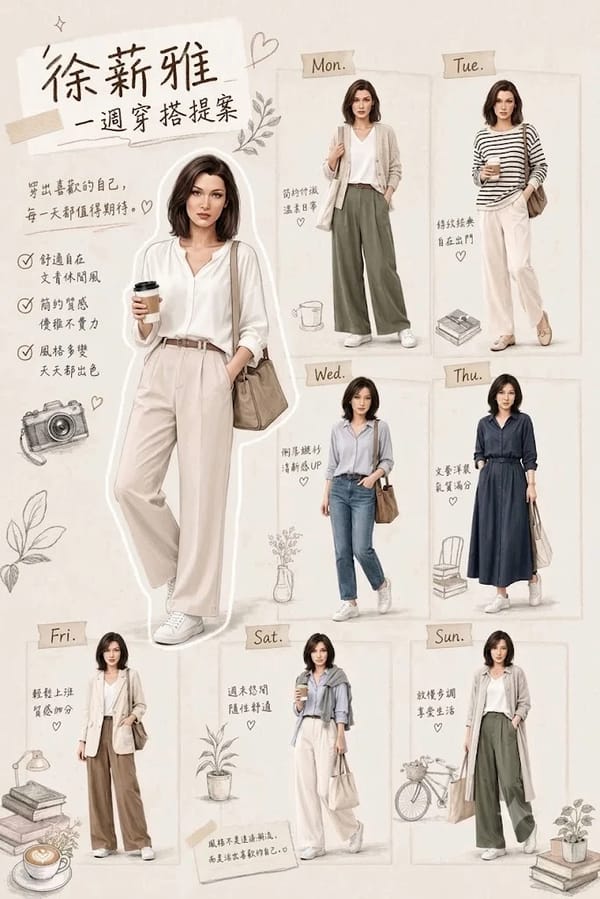 Create a stylish weekly outfit guide poster in a warm scrapbook-style editorial layout. Feature Bel… prompt example