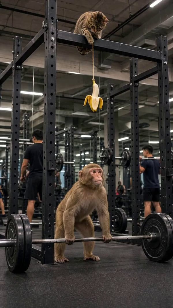 A monkey went for a gym PR — the cat sabotaged it with a dangling banana prompt example