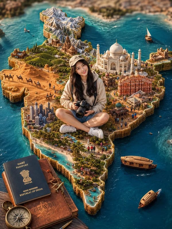 Highly detailed 3D miniature travel diorama of India shaped as a realistic raised map floating…
