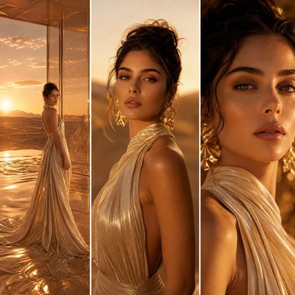 A three-panel high-fashion editorial spread set in a glowing sunset desert-glass luxury studio,…