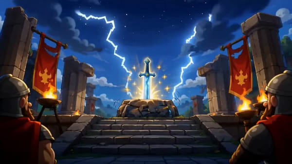 A colorful animated fantasy kingdom with a gigantic ancient temple in the middle of a sunny val…