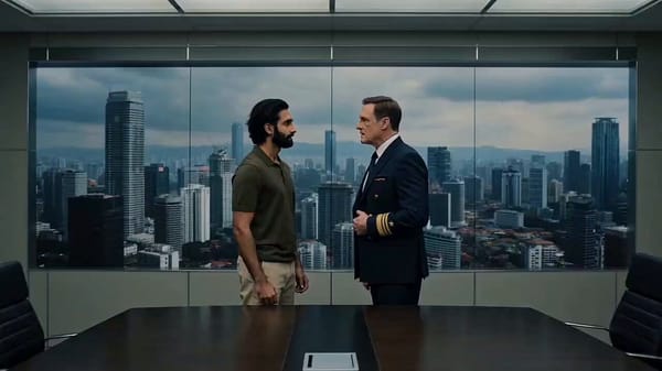 Photorealistic cinematic 16:9 live-action, 15s. Sleek high-rise boardroom, long dark conference…