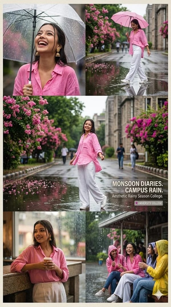 Aesthetic rainy season college portrait collage of a stylish young woman in a pink oversized sh…