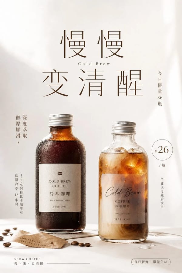 围绕[主题对象]生成一张明亮清透的商业信息视觉：上方保留大面积呼吸空间，中心以极大的中文主题字作为第一视觉，字距疏朗、笔画克制，少量外文或副标嵌入主标题之间形成轻微停顿；下方放置两个主题主载…