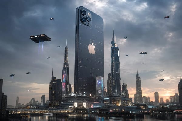 A futuristic city dominated by an enormous Apple iPhone standing as a skyscraper, glowing screens i… prompt example