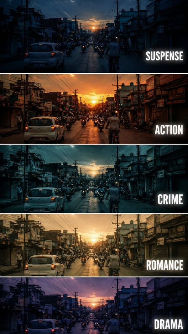 Create a vertical cinematic tutorial comparison poster showing the same urban street scene repeated… prompt example