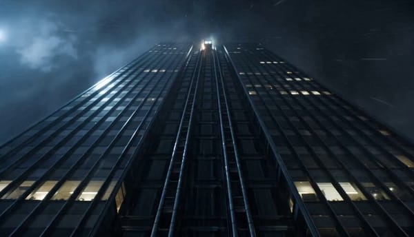 Hyper-realistic cinematic action sequence, 15 seconds, aspect ratio 16:9. A glass elevator is f…