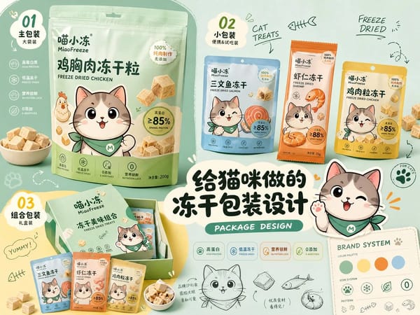 请生成一张横向4:3高清「品牌包装设计提案速览」。 prompt example