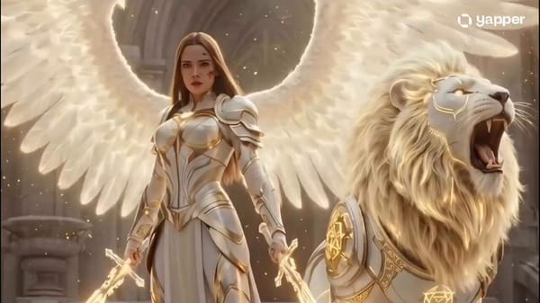 Cinematic epic fantasy. A girl falls into a marble temple, holding a fluffy white cat. She acti…