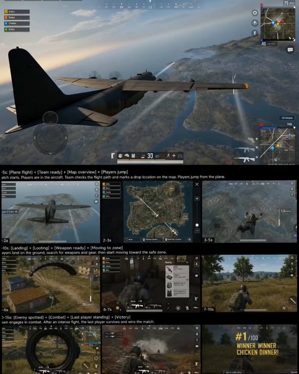 Cinematic battle royale survival gameplay trailer using the exact storyboard UI layout and paci…