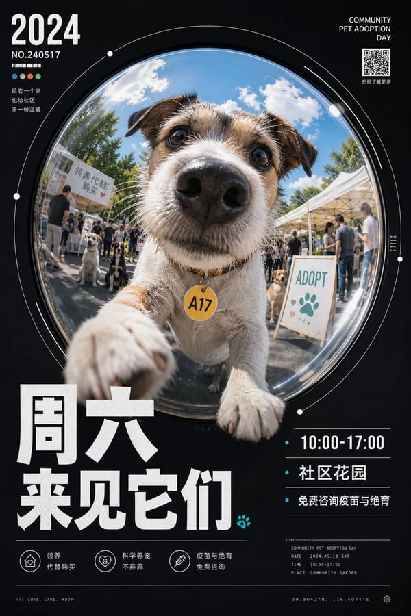 围绕任意主题对象生成一张强设计感视觉：画面由深色安静的信息外场托住中央巨大的圆形鱼眼视窗，视窗像被镜面或广角镜头撑开，主题核心内容在圆内被近距离拉伸，前景元素向观者伸出并贴近圆形边界，边缘带轻微畸变… prompt example