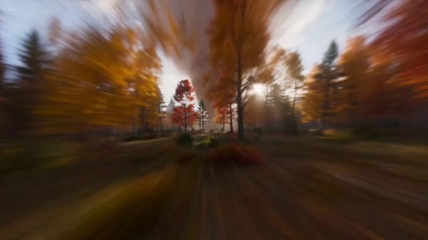 FPV shot: Diving through a tornado made entirely of autumn leaves. The camera enters a towering…