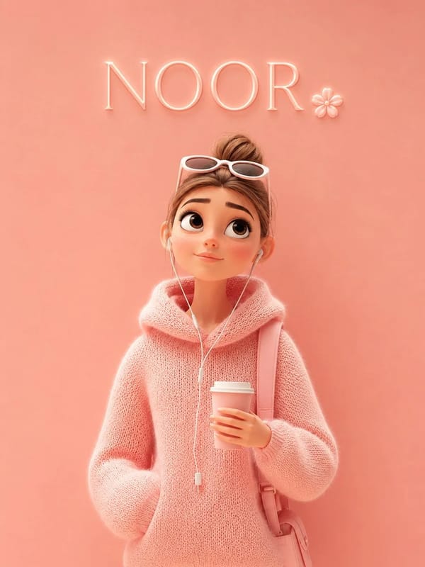 A cute Pixar-style 3D cartoon girl standing against a soft pastel pink background, wearing an overs… prompt example