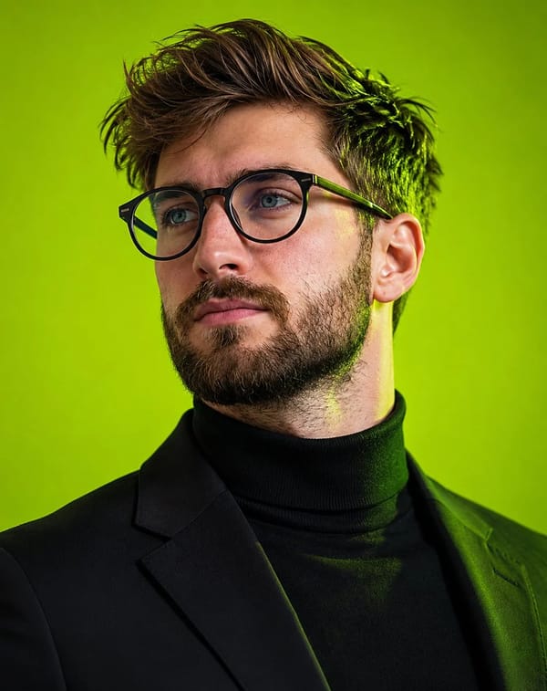 Ultra-realistic editorial portrait of a young man with tousled textured brown hair, piercing blue e… prompt example